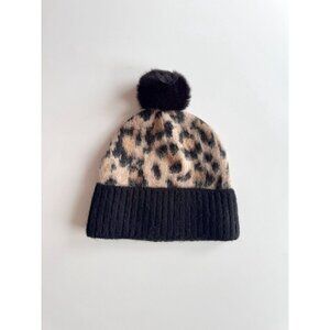 KATE SPADE Leopard Acrylic Knit Ribbed Faux Fur Pom Pom Beanie Hat